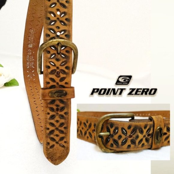 POINT ZERO Unisex Belt Brown Genuine Leather Hollow Geometric Motifs Boho Vtg. - Picture 4 of 11